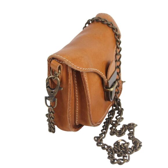 Roots TAN BROWN GENUINE LEATHER CHAIN FLAP X-BODY SHOULDER BAG MINI PURSE CLUTCH - Picture 2 of 15